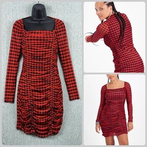 Bar III Red and Black Checkered Long Sleeve Mesh Dress